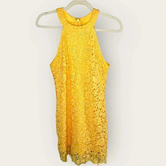 Lulu’s Love Poem Yellow Lace Mini Dress size Large‎ Sunny Yellow Cocktail Vegas - Picture 1 of 8